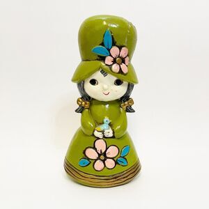 Holiday Fair Chalkware 1968 Flower Power Mod Girl Coin Bank Green Painted Japan